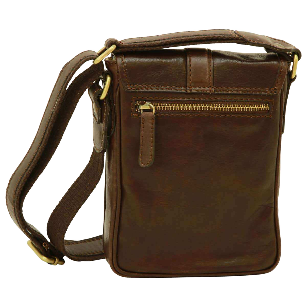 Borsa a tracolla in pelle marrone scuro con zip frontale e passanti per tracolla