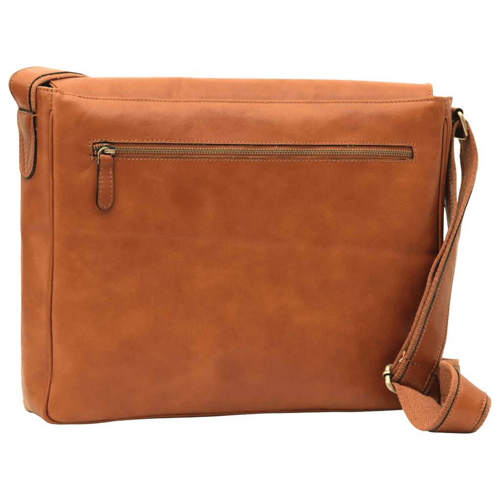 Borsa messenger in pelle marrone coloniale con tasca con zip e tracolla regolabile