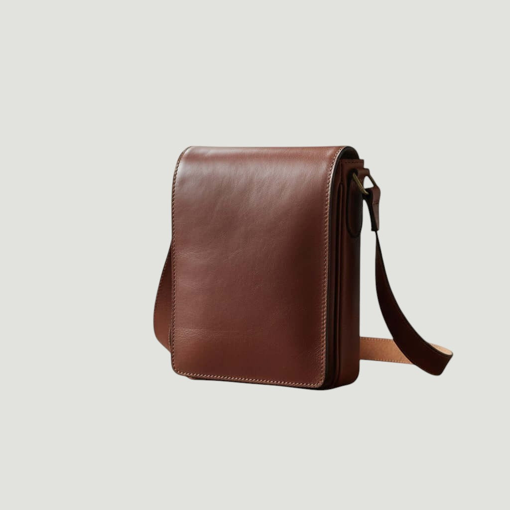 Borsa a tracolla in pelle marrone mogano con patta e tracolla regolabile