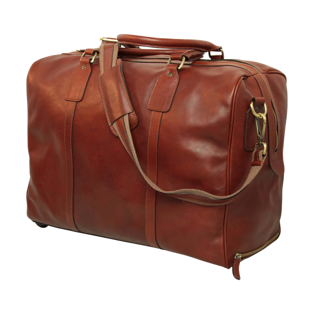 Borsone in pelle marrone Mogano, con tracolla lunga e cinghie decorative