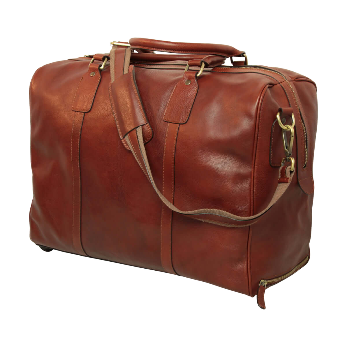 Borsone in pelle marrone Mogano, con tracolla lunga e cinghie decorative