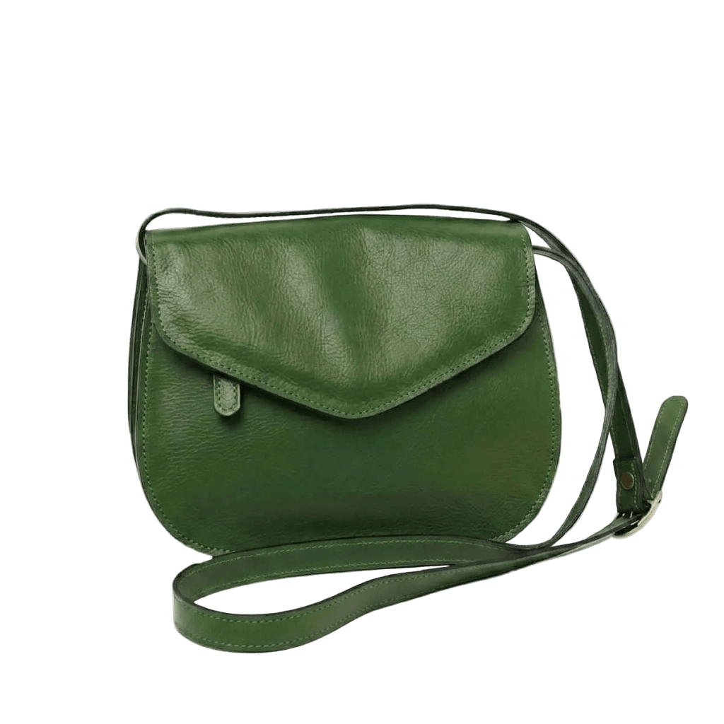 Borsa a tracolla in vitello verde con patta frontale e tracolla regolabile