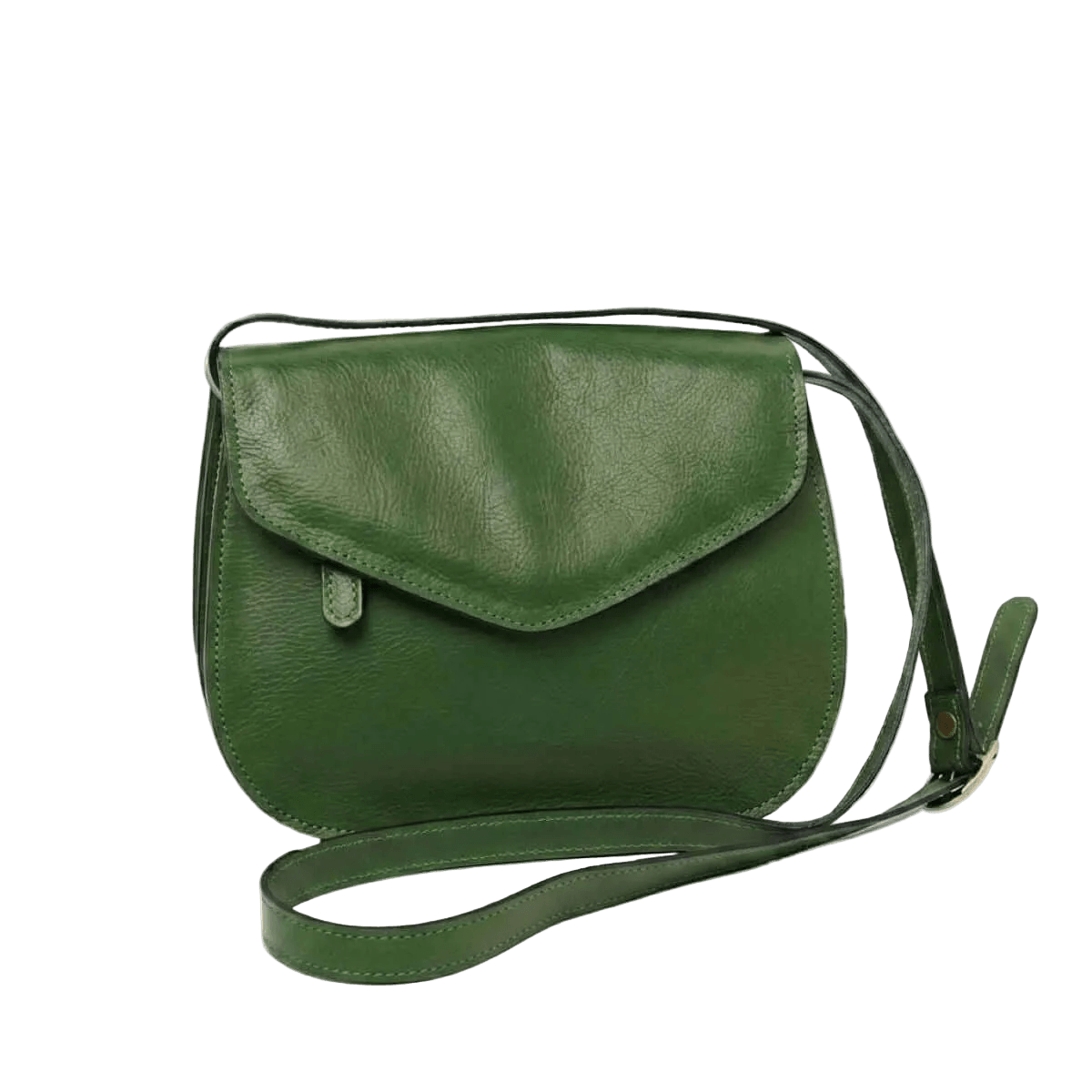 Borsa a tracolla in vitello verde con patta frontale e tracolla regolabile