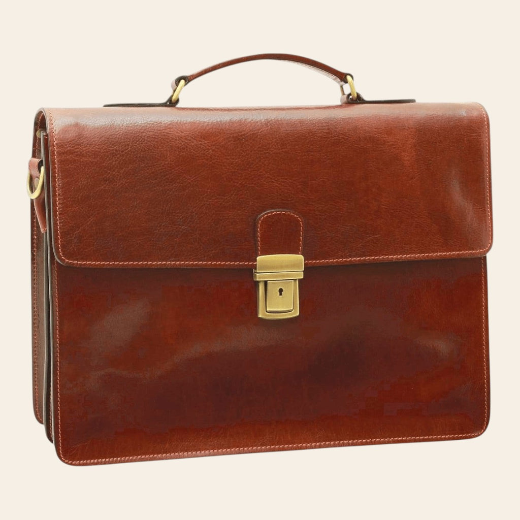 Cartella porta laptop in pelle marrone con chiusura lucchetto e manici in metallo