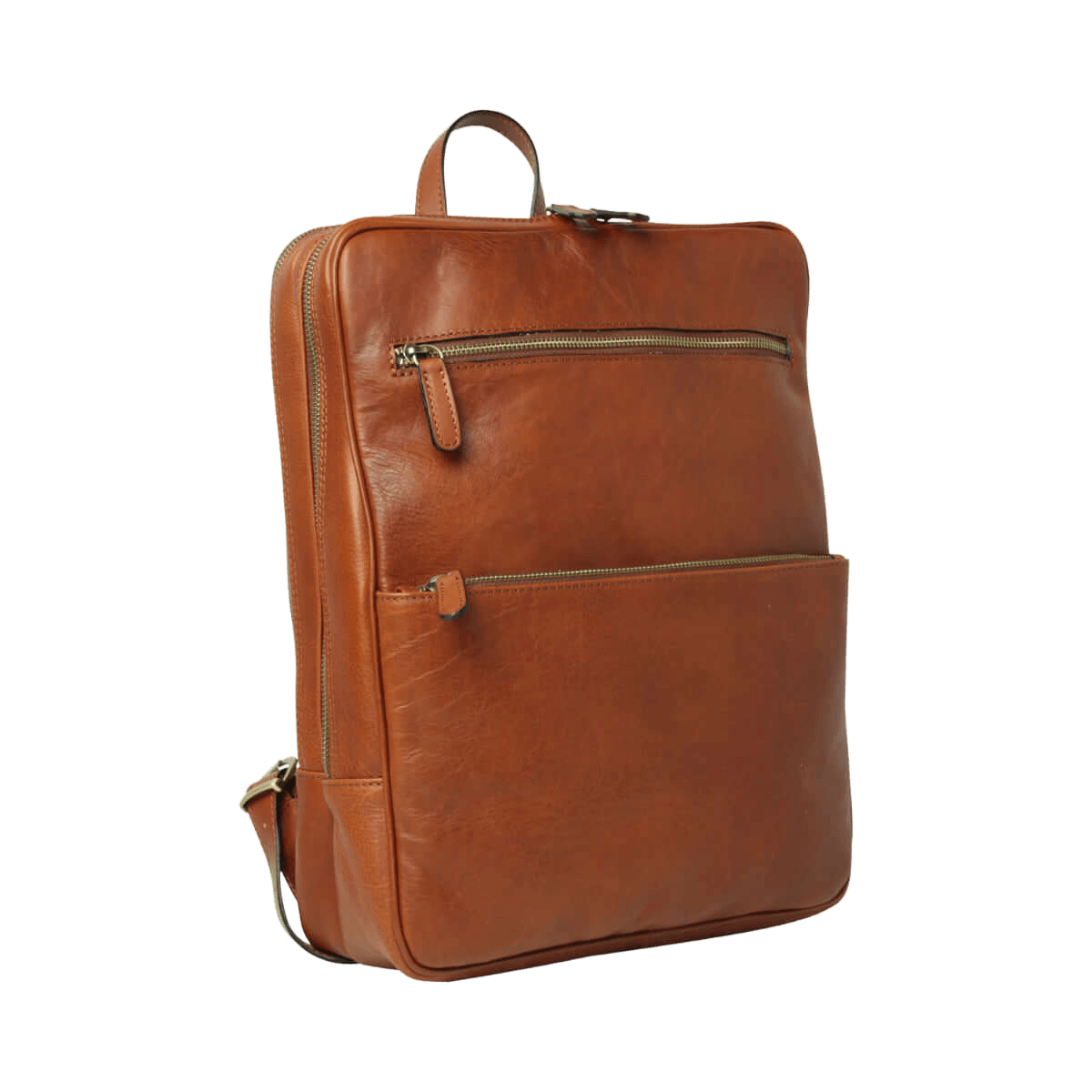 Zaino in pelle color teak con maniglia superiore e tasca con zip frontale.