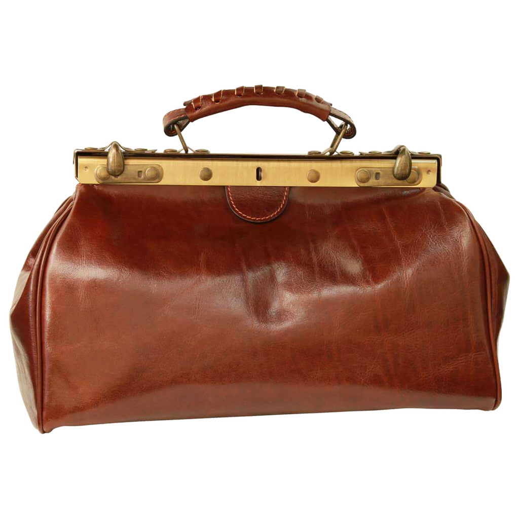 Borsa in pelle marrone con manici in pelle e struttura metallica, chiusura a cerniera