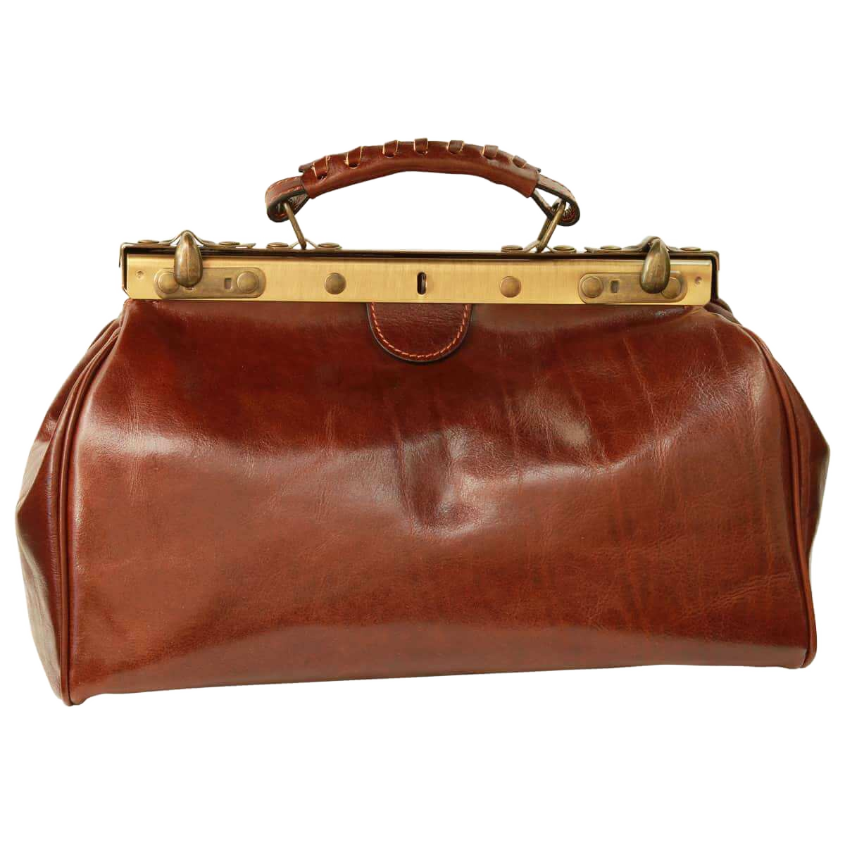 Borsa in pelle marrone con manici in pelle e struttura metallica, chiusura a cerniera