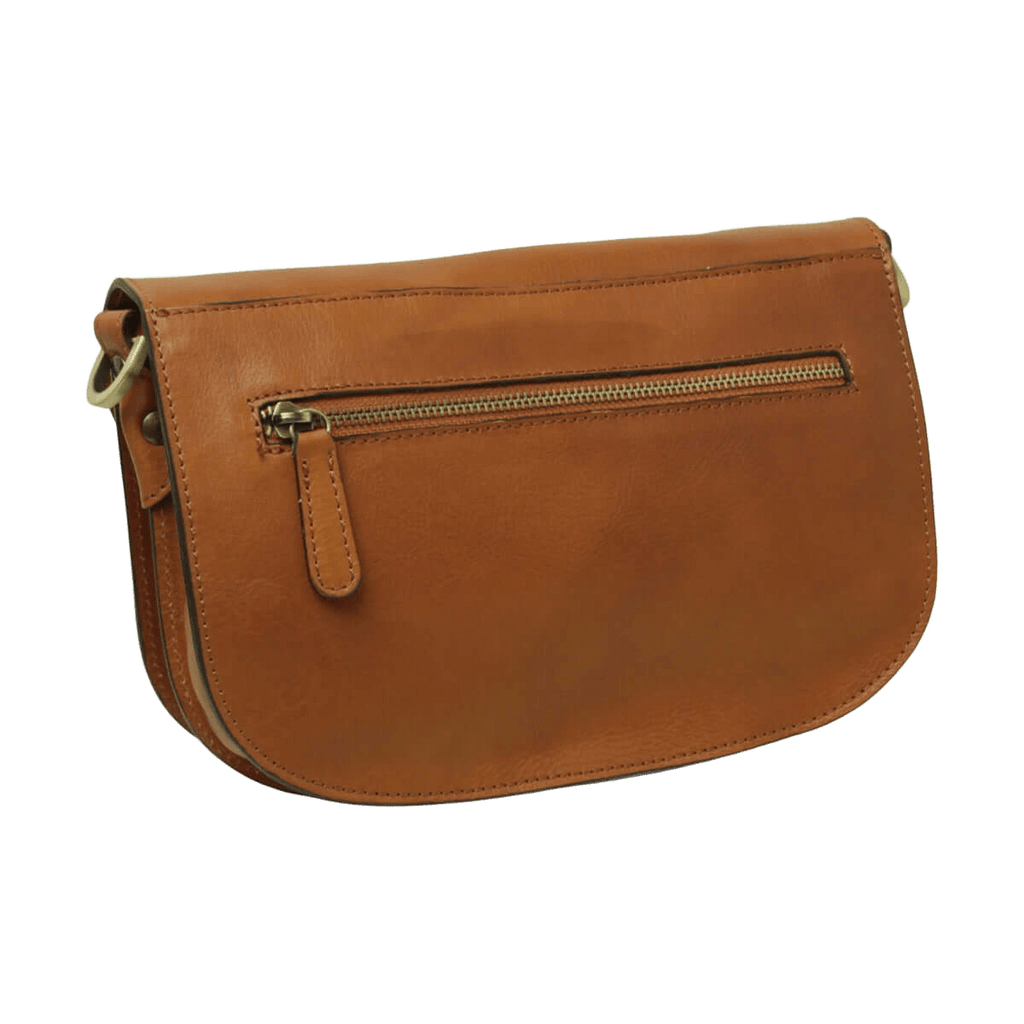 Borsa a tracolla in vitello marrone con zip frontale e pattina con fibbia