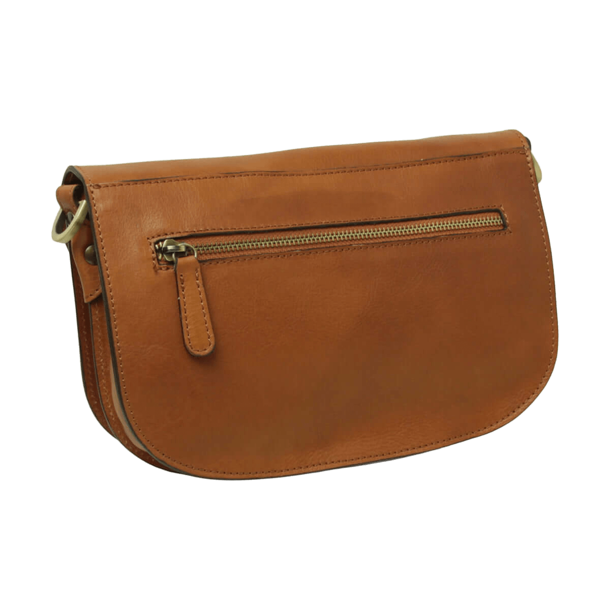 Borsa a tracolla in vitello marrone con zip frontale e pattina con fibbia