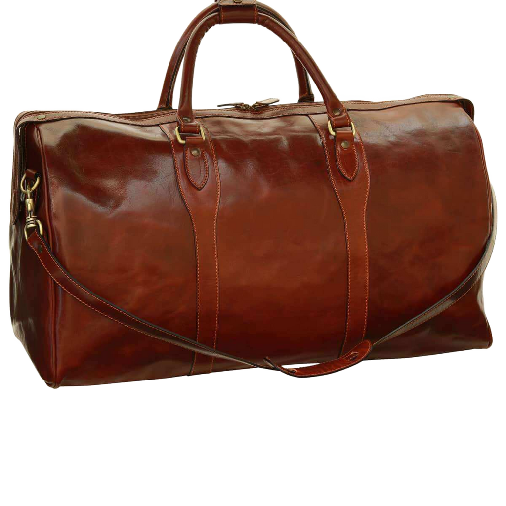 Borsa da viaggio weekend marrone in pelle, manici superiori e tracolla laterale