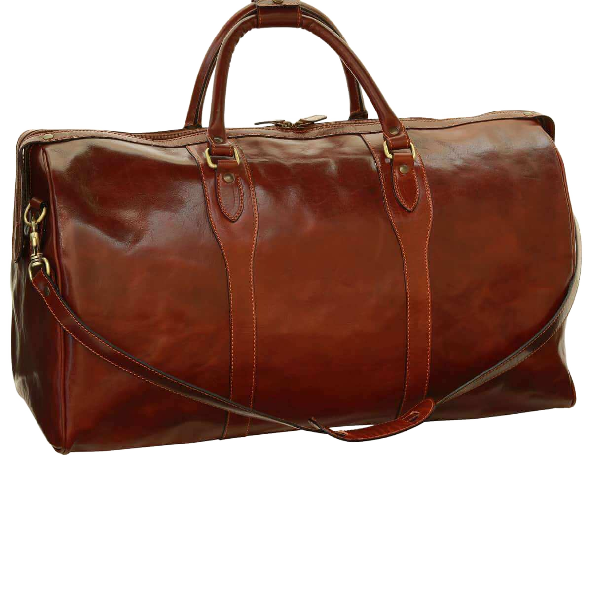 Borsa da viaggio weekend marrone in pelle, manici superiori e tracolla laterale