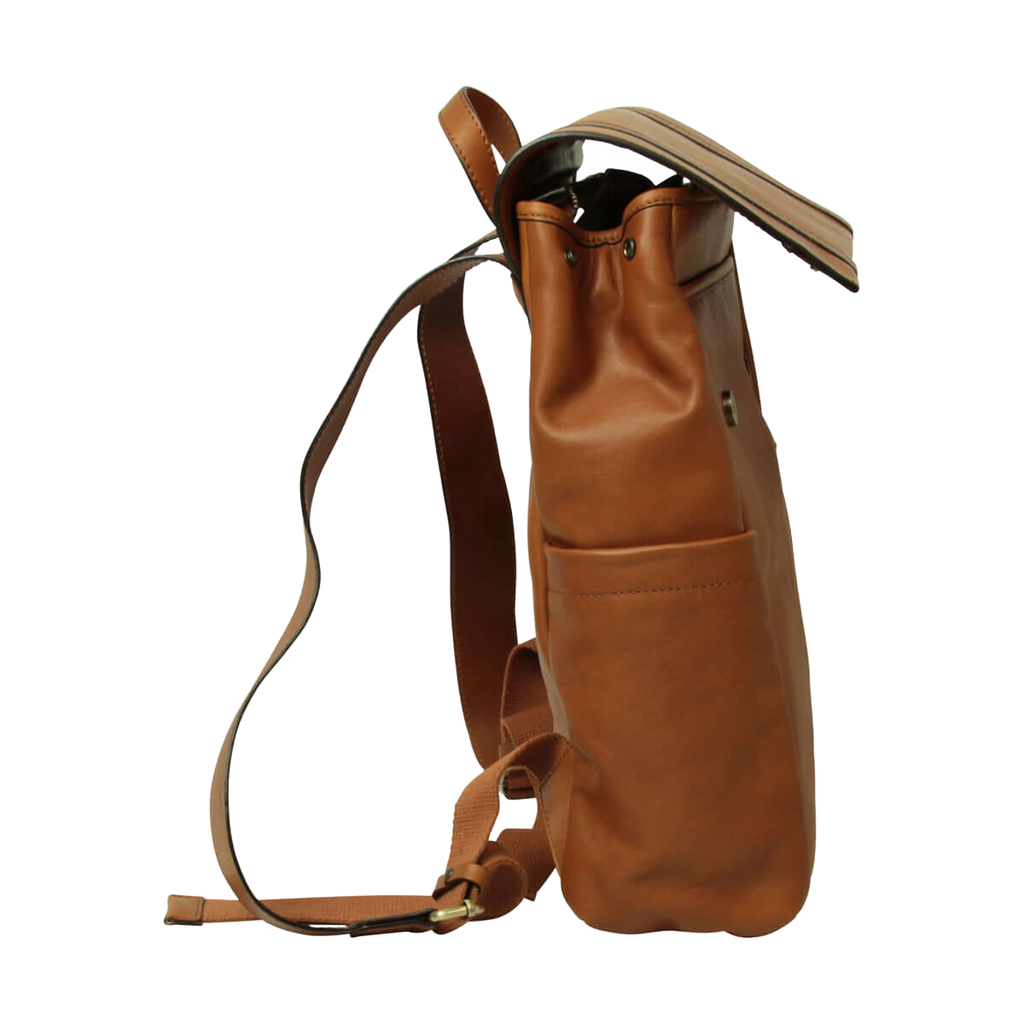 Zaino in pelle marrone con fascia per trolley e tasca laterale