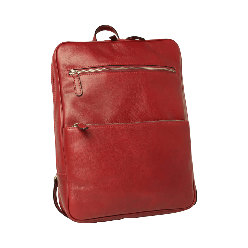 Zaino in pelle rosso con zip, tasca frontale e maniglia superiore