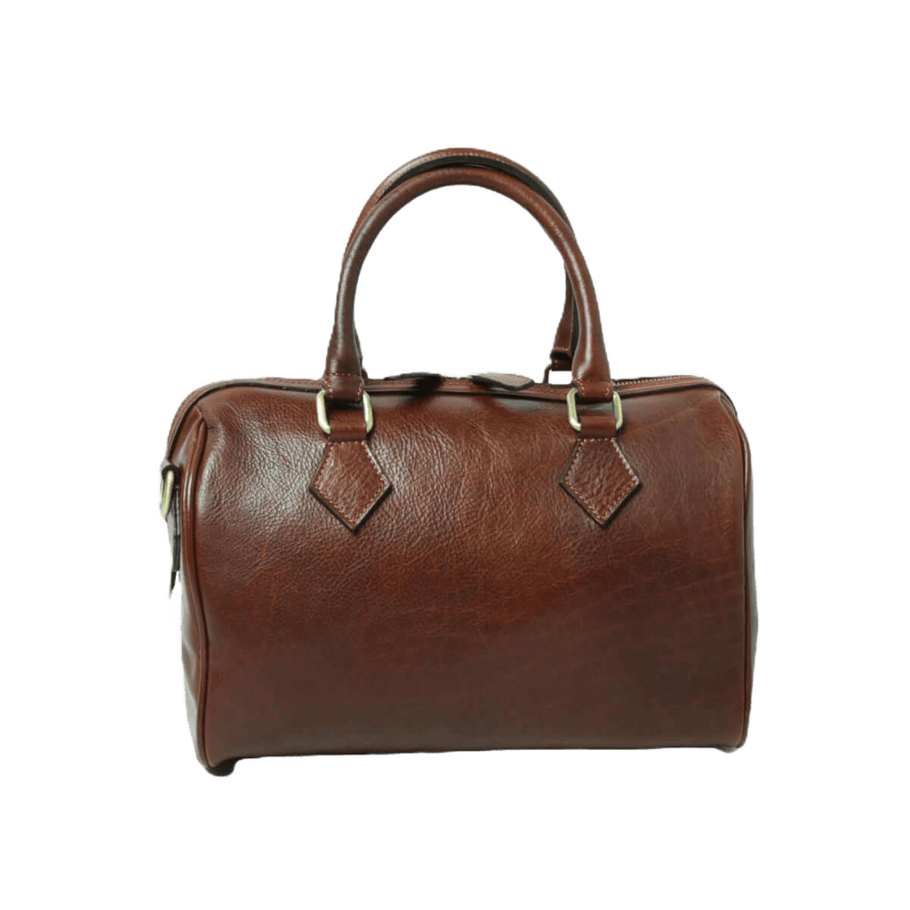 Bauletto in pelle marrone con due manici e dettagli a fibbia