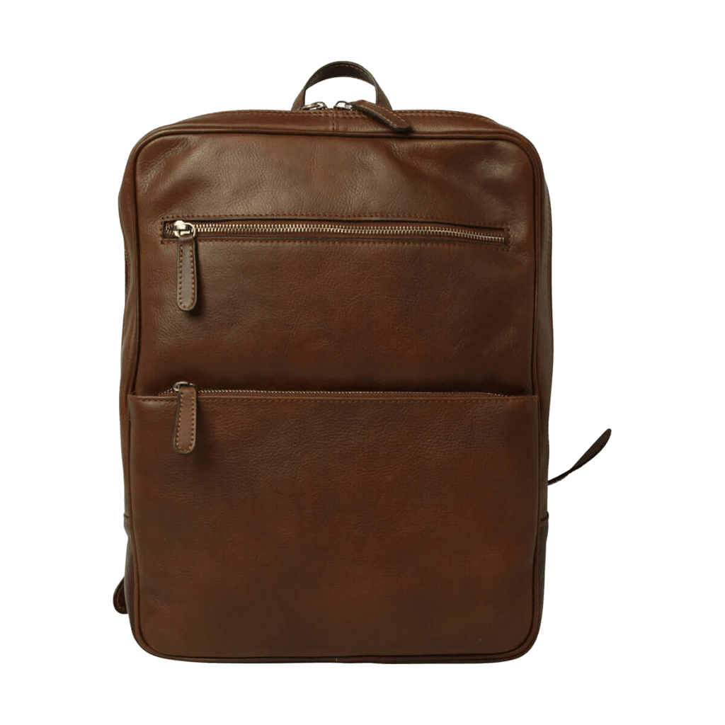 Zaino in pelle marrone con fascia trolley e due tasche con zip frontali.