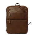 Zaino in pelle marrone con fascia trolley e due tasche con zip frontali.