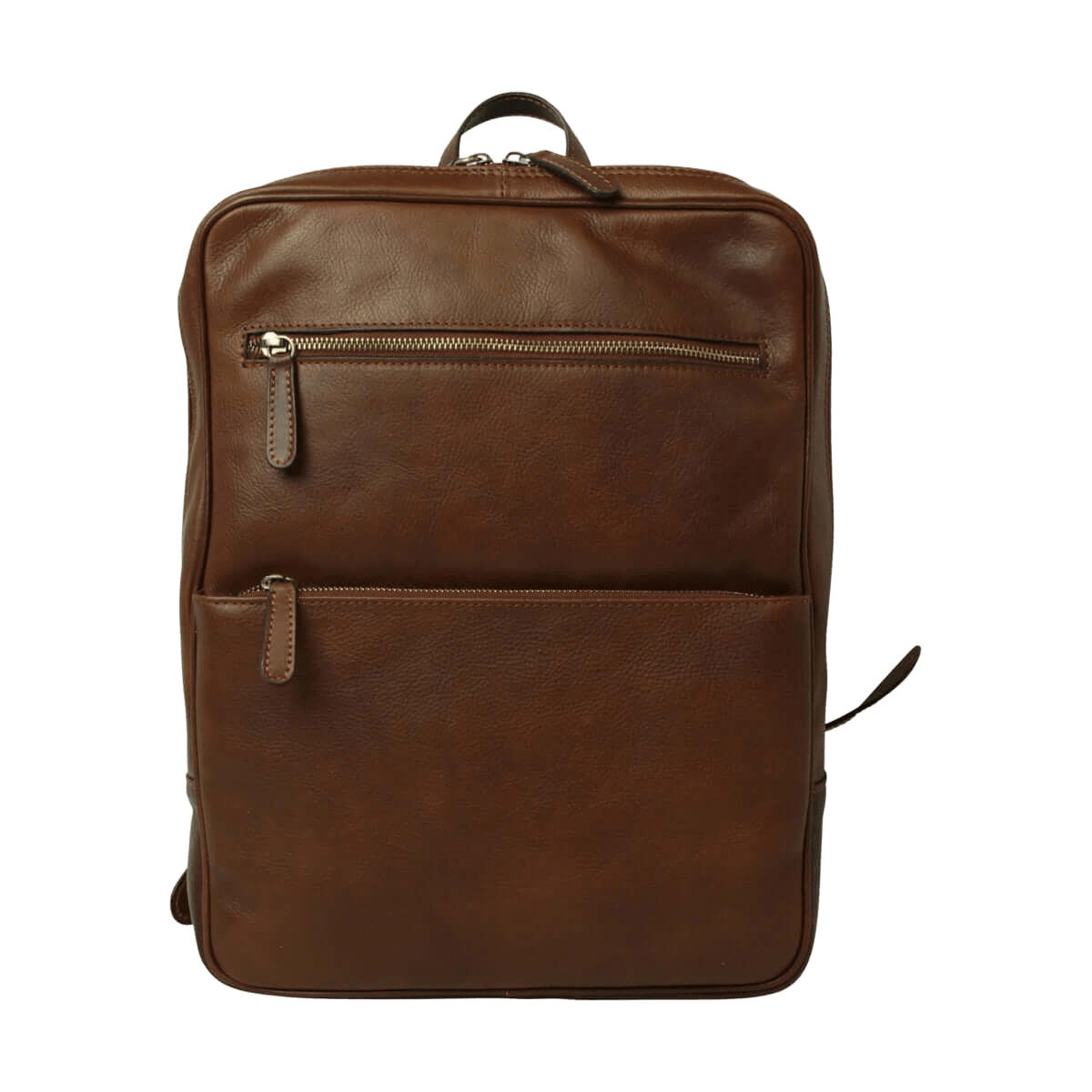 Zaino in pelle marrone con fascia trolley e due tasche con zip frontali.