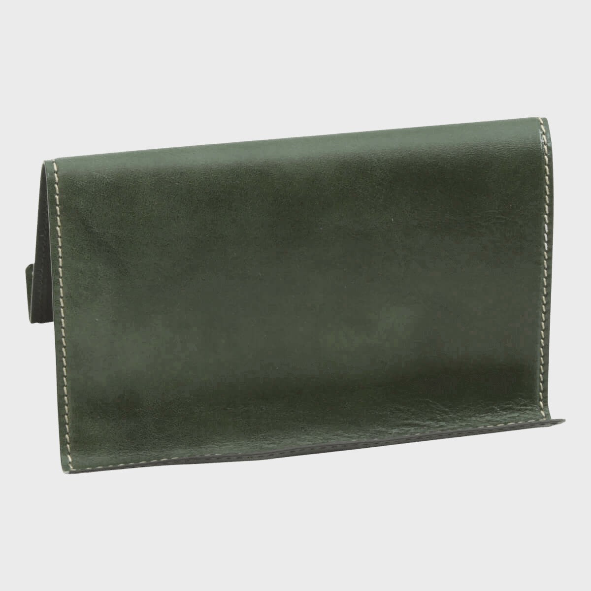 Supporto per iPad e iPhone in pelle verde con cuciture a contrasto