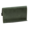 Supporto in pelle verde per iPad e iPhone, dettaglio frontale con cuciture a contrasto