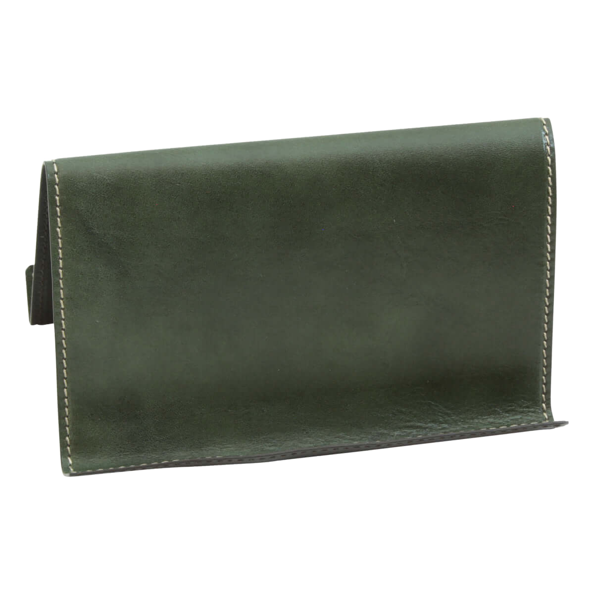 Supporto in pelle verde per iPad e iPhone, dettaglio frontale con cuciture a contrasto