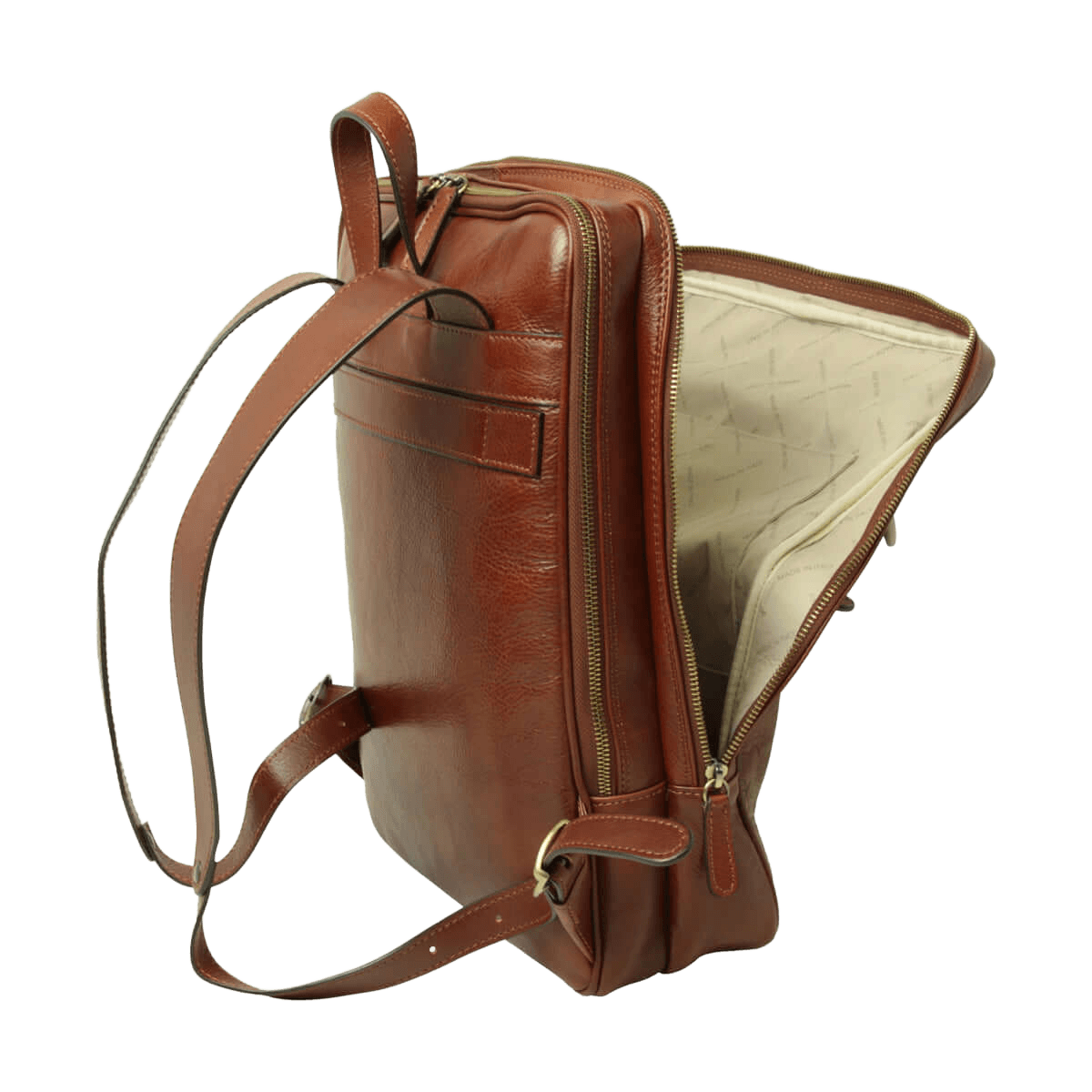 Brown full-grain calfskin backpack, side view with a zip pocket