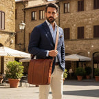 Borsa messenger in vitello mogano con tracolla e chiusura a patta