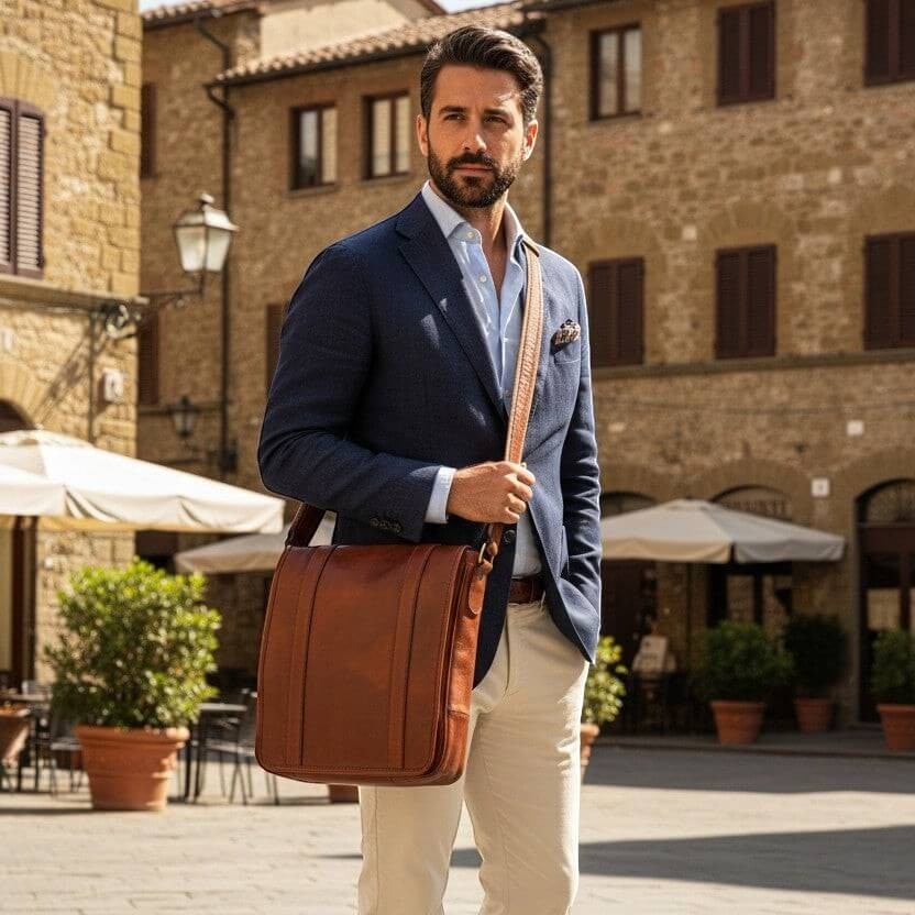 Borsa messenger in vitello mogano con tracolla e chiusura a patta