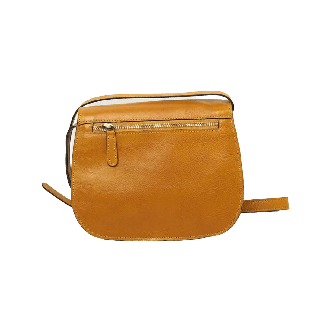 Borsa a tracolla in pelle ocra con zip frontale e tracolla lunga