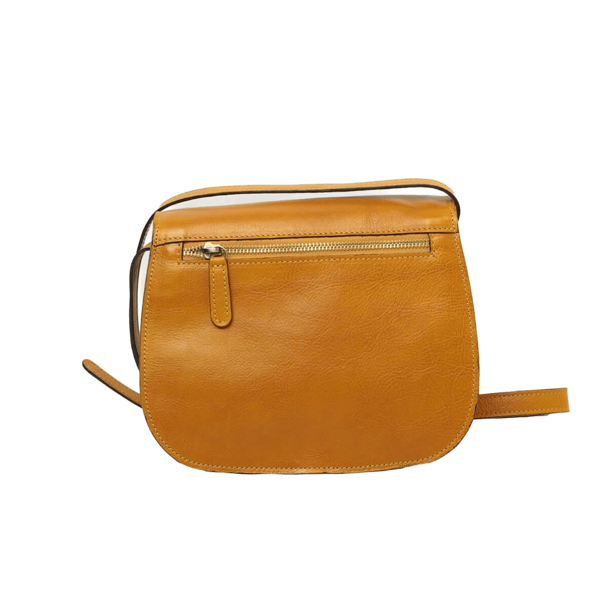 Borsa a tracolla in pelle ocra con zip frontale e tracolla lunga