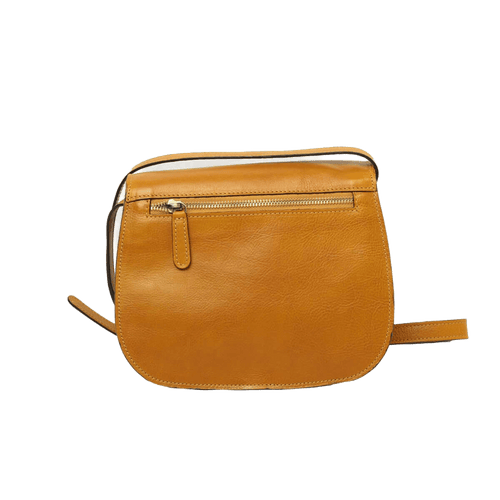 Borsa a tracolla in pelle ocra con zip frontale e tracolla lunga