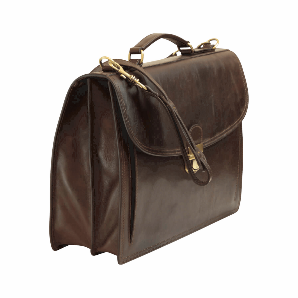 Borsa in pelle marrone scuro con tracolla, fibbia e profilo arrotondato