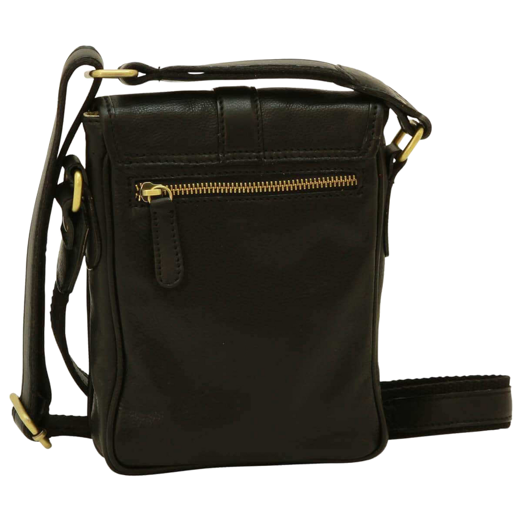 Borsa uomo a tracolla in pelle scura con zip frontale e tracolla regolabile