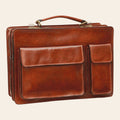 Cartella in pelle marrone con due tasche frontali e manico in pelle