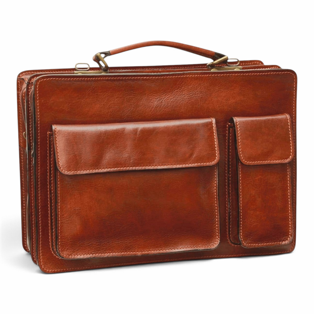 Cartella in pelle marrone con due tasche frontali e manico in pelle