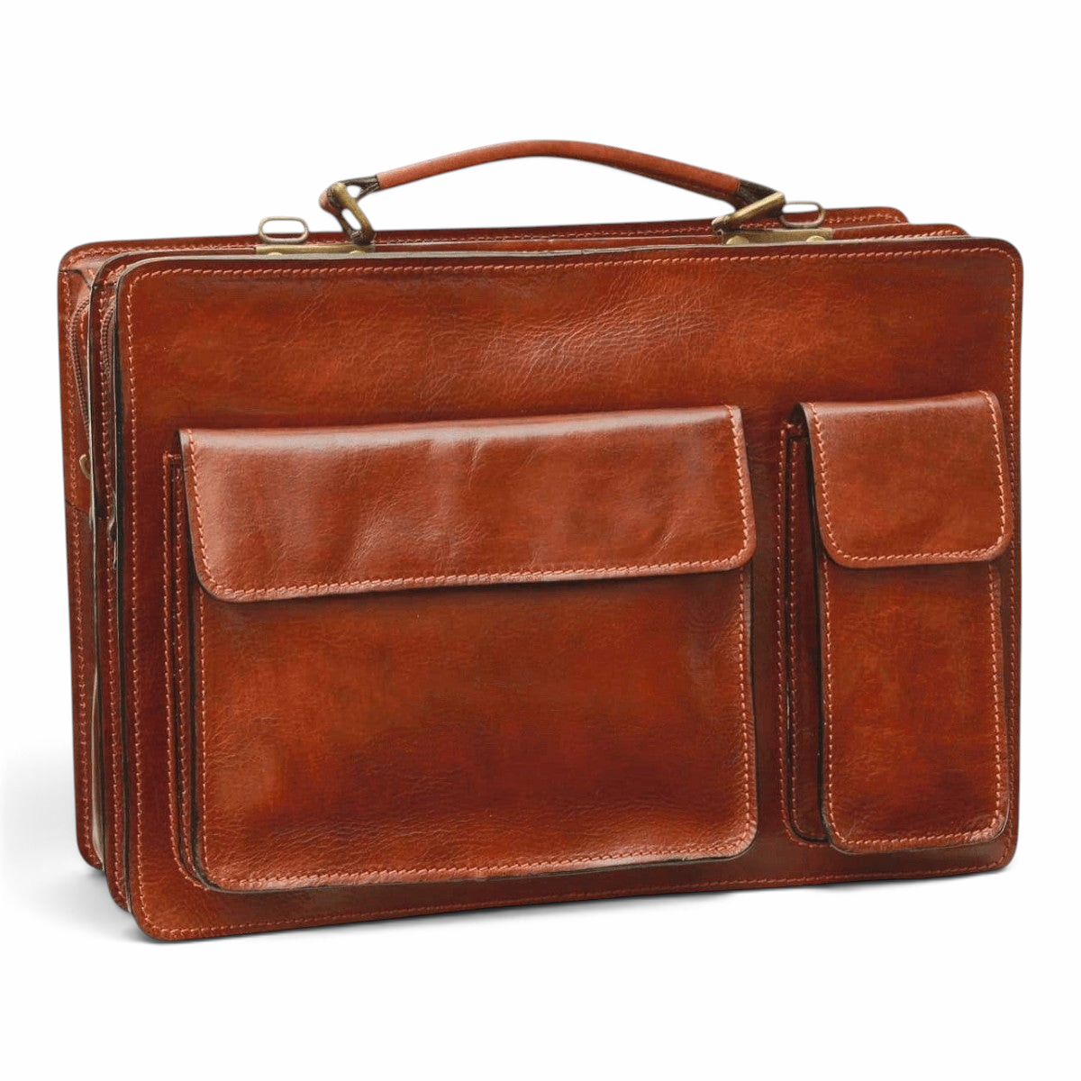 Cartella in pelle marrone con due tasche frontali e manico in pelle