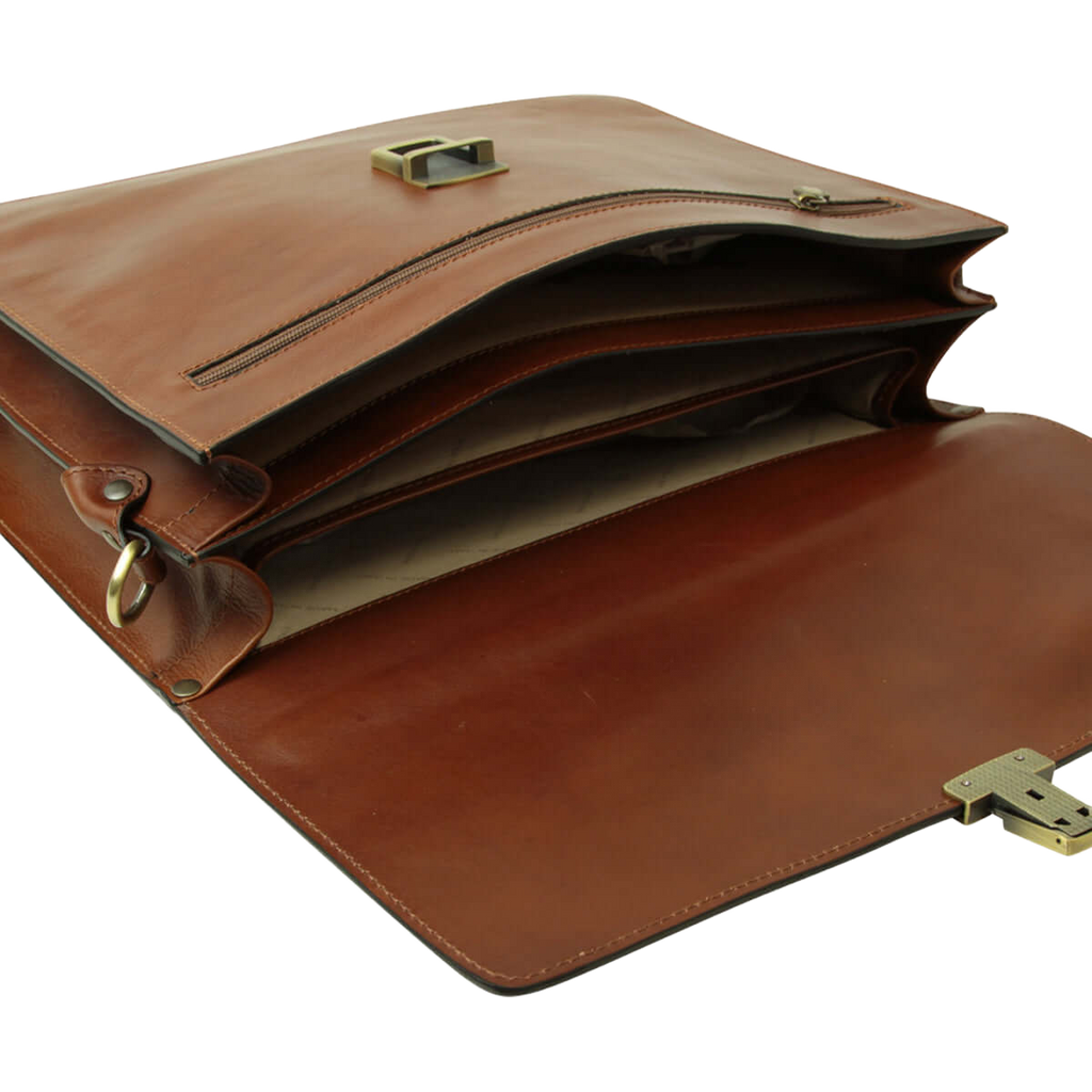 Borsa porta PC in pelle marrone con patta aperta e interno con scomparti