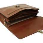 Borsa porta laptop in pelle marrone aperta con scomparti interni