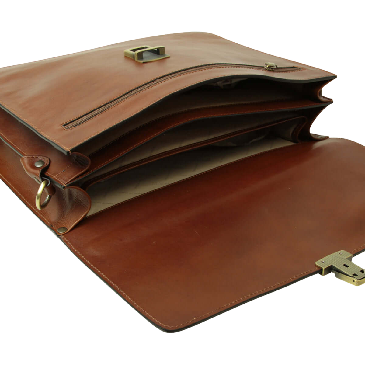 Borsa porta PC in pelle marrone con patta aperta e interno con scomparti