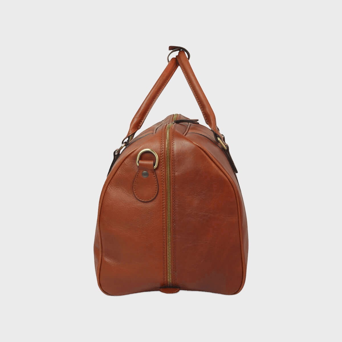 Borsa da viaggio in pelle pieno fiore cuoio, laterale con maniglia ad anello e zip.