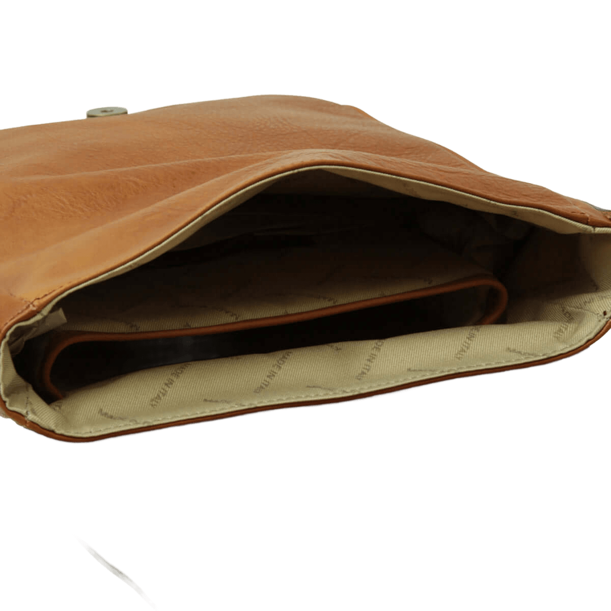 Borsa per iPad in pelle marrone aperta, interno beige foderato.