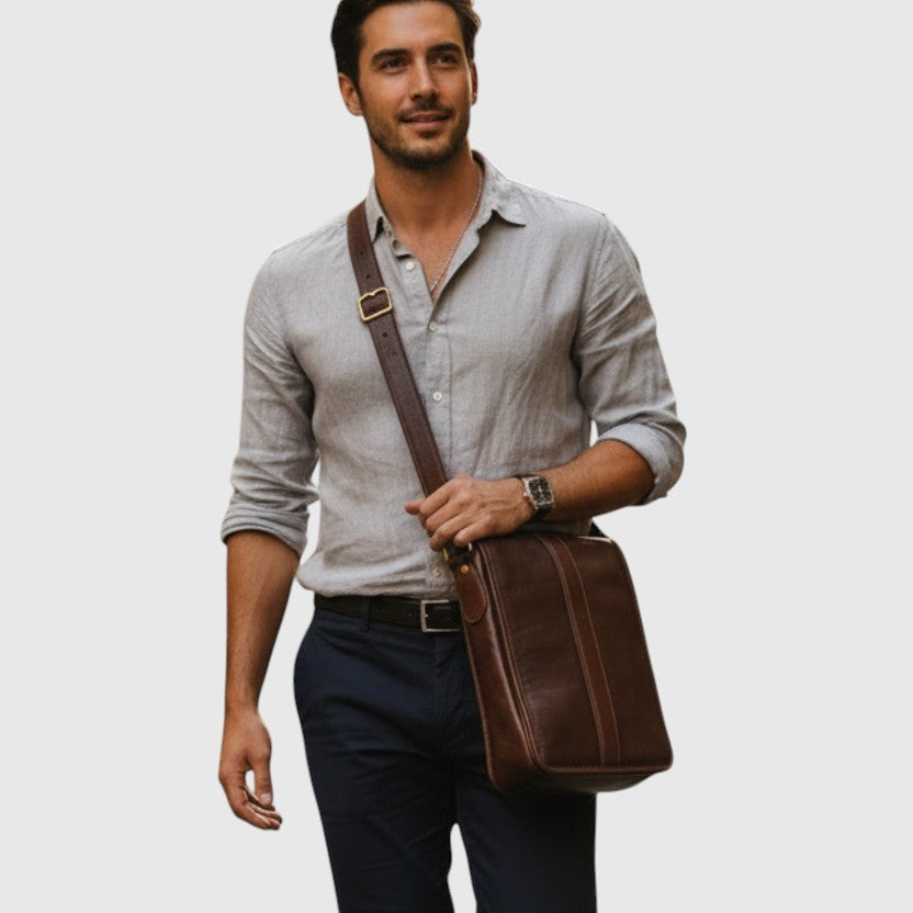 Borsa Uomo a Tracolla in Pelle Marrone Scuro - Old Angler