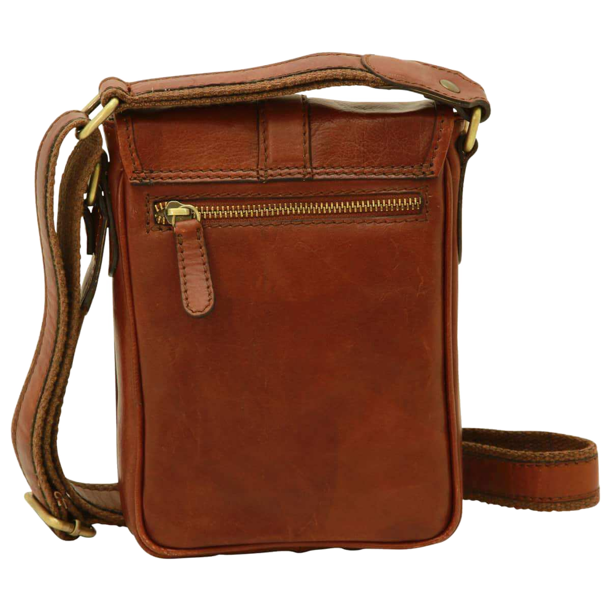 Borsa uomo in pelle marrone con patta e zip frontale, tracolla regolabile