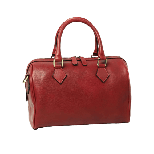 Bauletto in pelle rossa con manici alti, dettagli frontali e tracolla laterale.