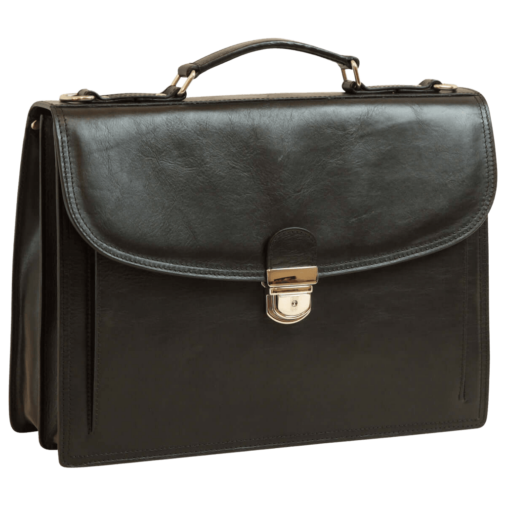 Borsa in pelle nera da uomo con tracolla, chiusura frontale con fibbia metallica.