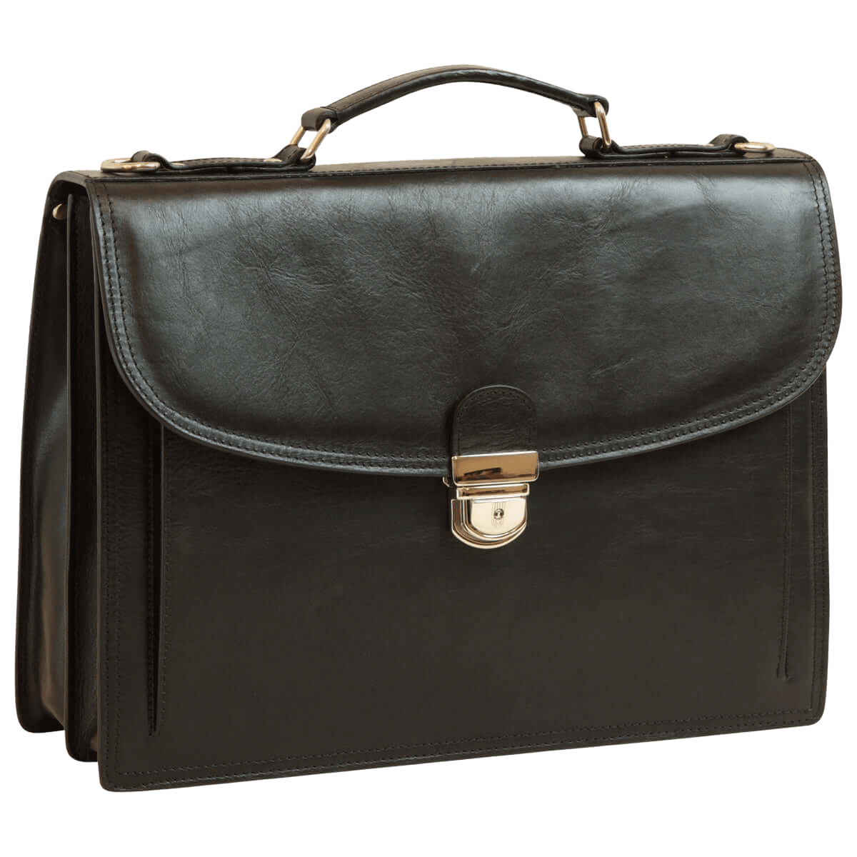 Borsa in pelle nera da uomo con tracolla, chiusura frontale con fibbia metallica.