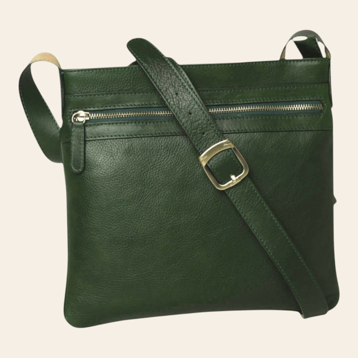 Borsa a tracolla grande in pelle verde con zip frontale e tracolla regolabile