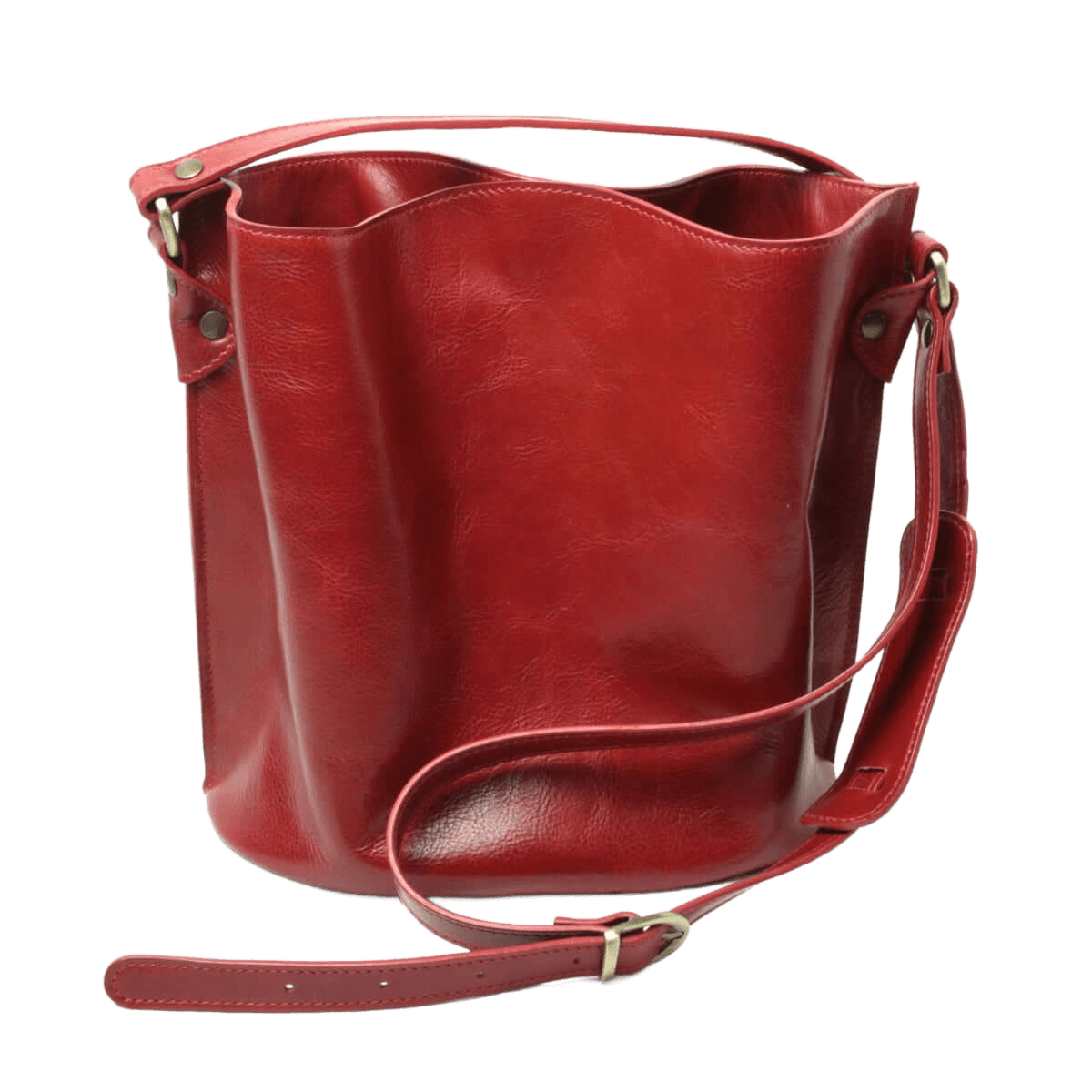 Borsa a secchiello rossa in pelle con tracolla e fibbie laterali