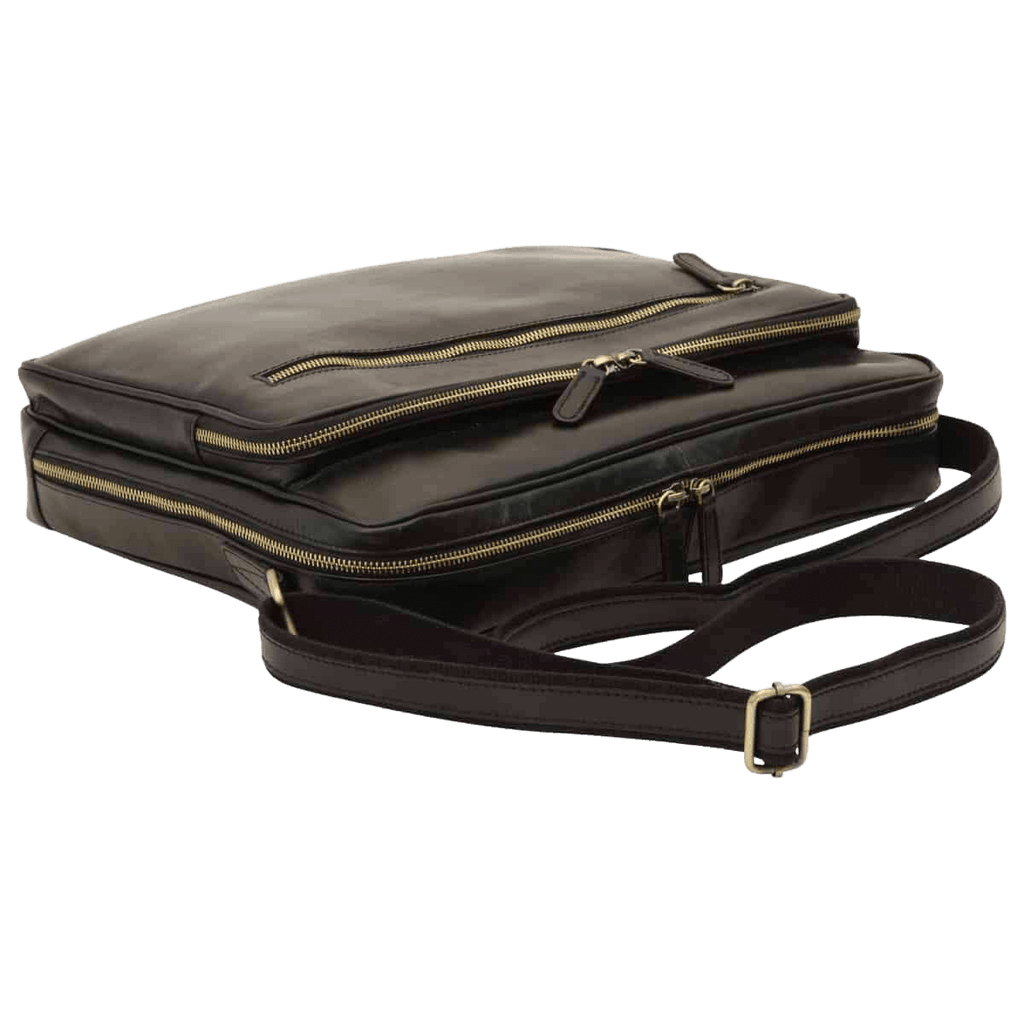 Borsa messenger in pelle nera con tracolla e zip superiore.