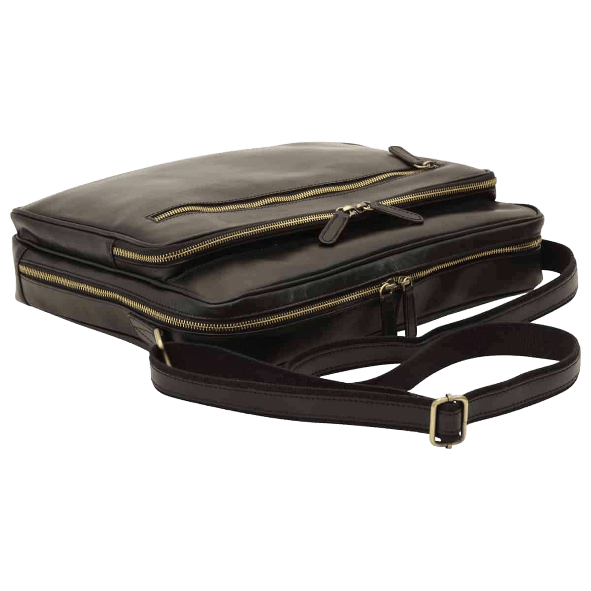 Borsa messenger in pelle nera con tracolla e zip superiore.