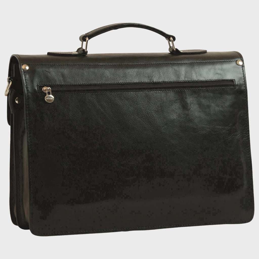 Cartella portanotebook in pelle nera con cerniera frontale e accessori metallici
